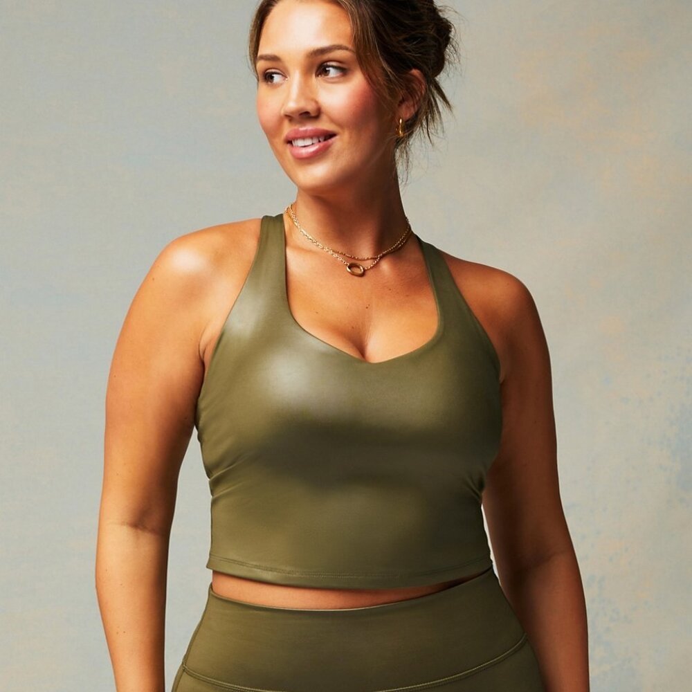 Fabletics Anywhere Shine Built-In Bra Tank Size M Dark Moss Shine